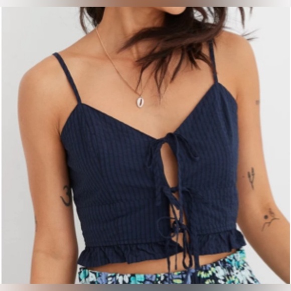 NWOT AERIE Tie-Front Woven Lace-Up Crop Top in Navy Stripe - Picture 2 of 9
